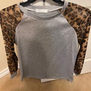 OVO Gray Top with Leopard Print Sleeves